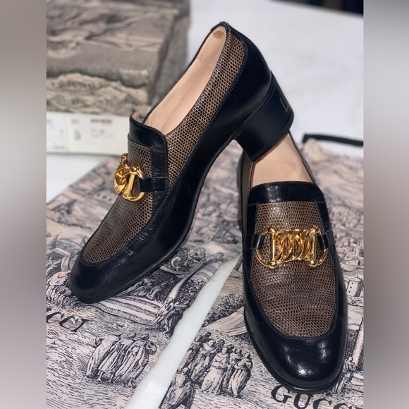Gucci Shoes - Gucci   Ebal Horsebit Lizard-Embossed Leather Chain Loafers  Size 39.
